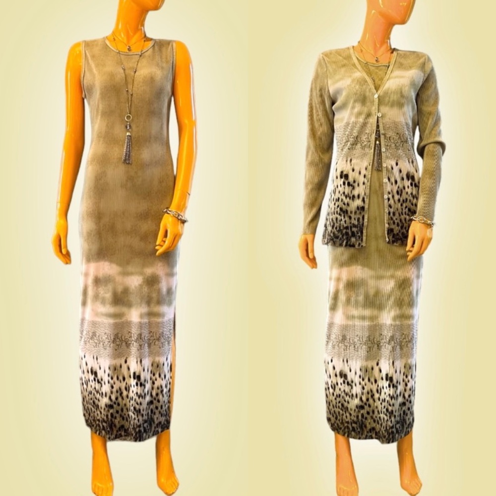 TESS Pleated Leopard Midi Slip Dress with Cardigan